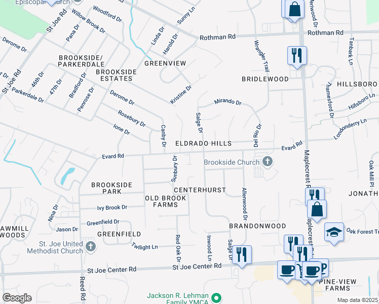 map of restaurants, bars, coffee shops, grocery stores, and more near 5436 Evard Road in Fort Wayne