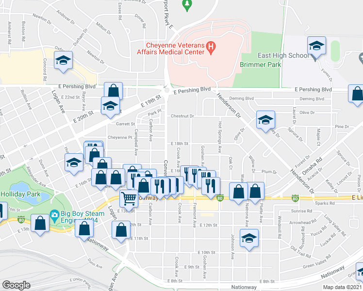 map of restaurants, bars, coffee shops, grocery stores, and more near 1641 Crook Avenue in Cheyenne