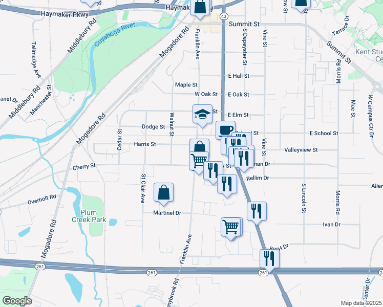 map of restaurants, bars, coffee shops, grocery stores, and more near 216 Harris Street in Kent