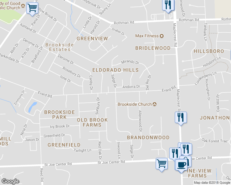 map of restaurants, bars, coffee shops, grocery stores, and more near 5598 Evard Road in Fort Wayne