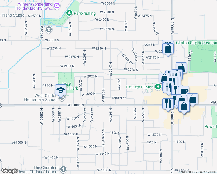 map of restaurants, bars, coffee shops, grocery stores, and more near 1949 North 2475 West in Clinton