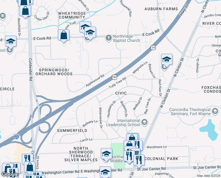 map of restaurants, bars, coffee shops, grocery stores, and more near 1216 Tulip Tree Road in Fort Wayne