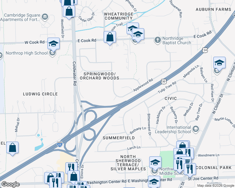 map of restaurants, bars, coffee shops, grocery stores, and more near 6718 Raintree Road in Fort Wayne