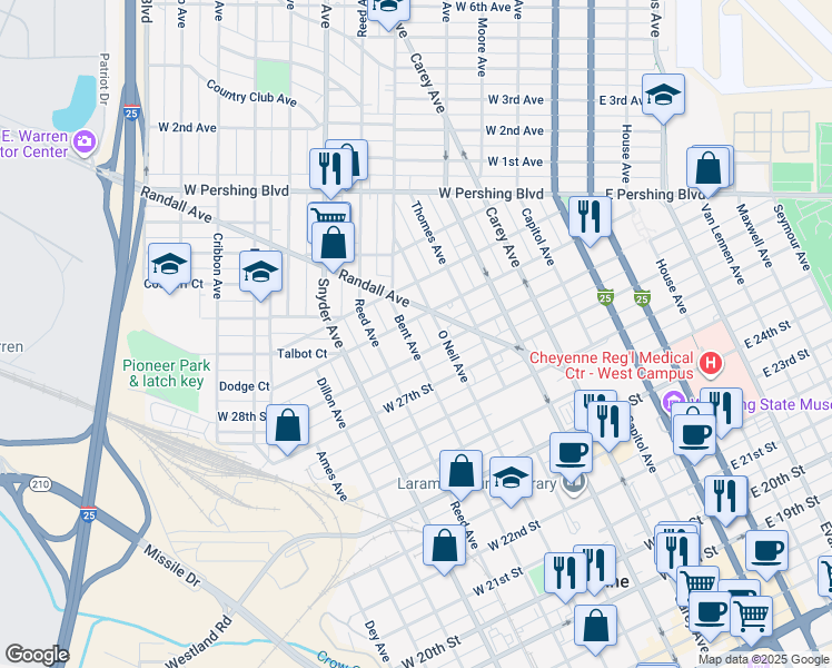 map of restaurants, bars, coffee shops, grocery stores, and more near 2813 Bent Avenue in Cheyenne
