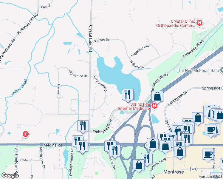 map of restaurants, bars, coffee shops, grocery stores, and more near 289 Lake Pointe Dr in Akron