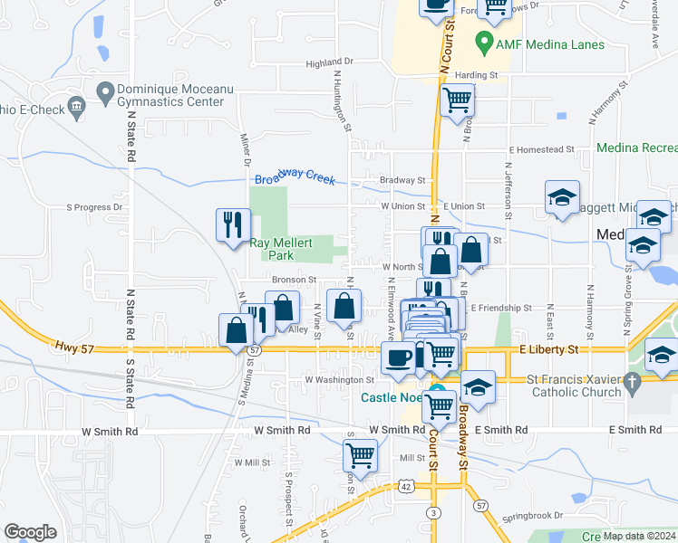 map of restaurants, bars, coffee shops, grocery stores, and more near 309 N Huntington St in Medina