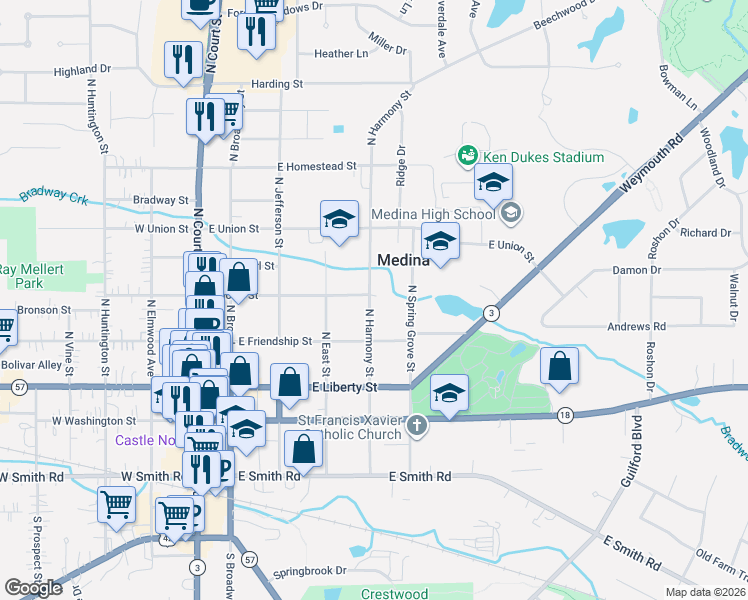 map of restaurants, bars, coffee shops, grocery stores, and more near 252 N Harmony St in Medina
