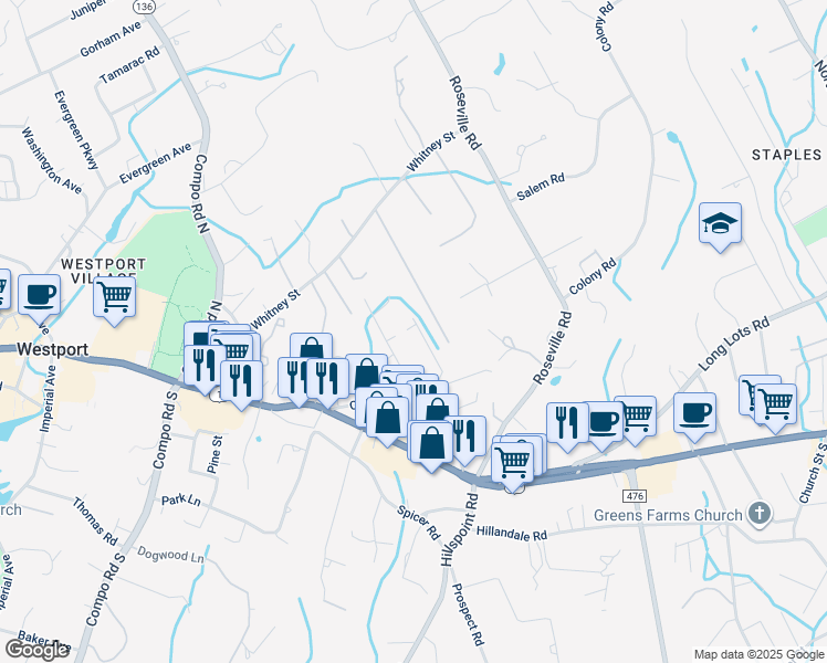 map of restaurants, bars, coffee shops, grocery stores, and more near 9 Ivy Terrace in Westport