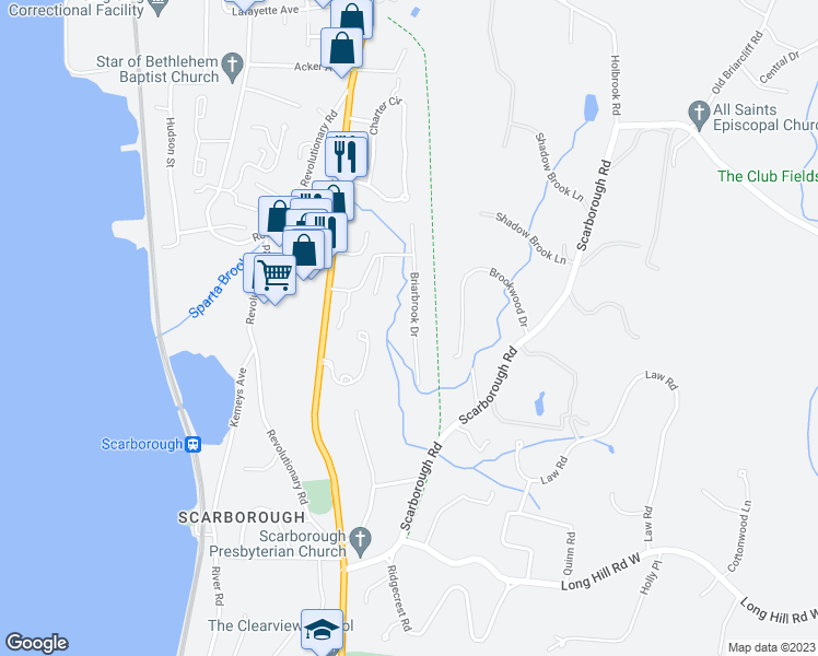map of restaurants, bars, coffee shops, grocery stores, and more near 22 Briarbrook Drive in Briarcliff Manor