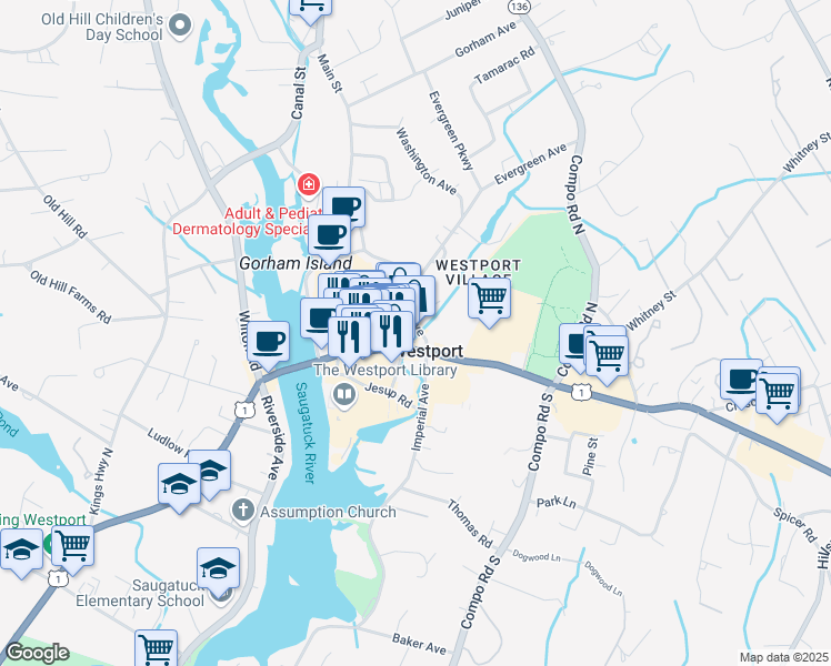 map of restaurants, bars, coffee shops, grocery stores, and more near 7 Sconset Square in Westport