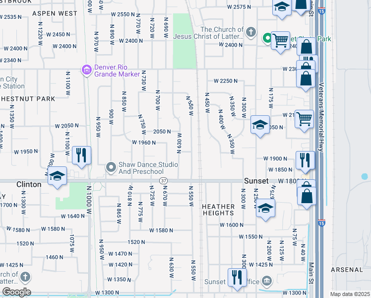 map of restaurants, bars, coffee shops, grocery stores, and more near 574 West 1950 North in Clinton