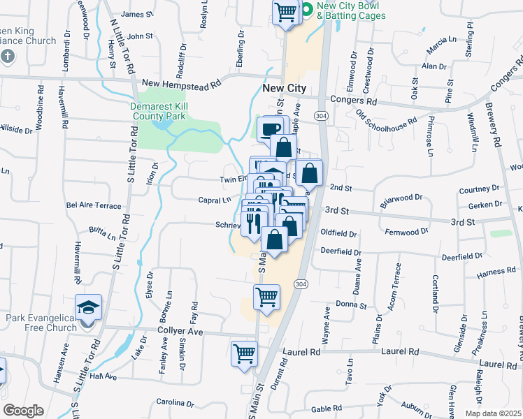 map of restaurants, bars, coffee shops, grocery stores, and more near 159 South Main Street in New City