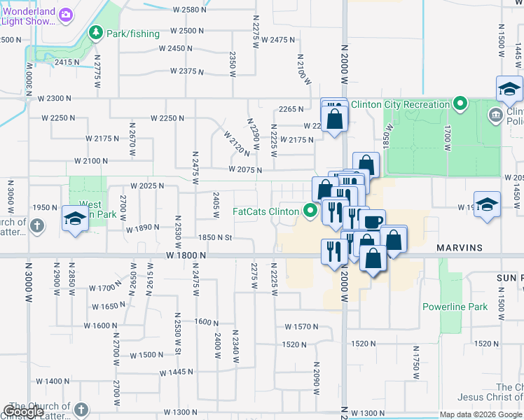map of restaurants, bars, coffee shops, grocery stores, and more near 1934 North 2250 West in Clinton