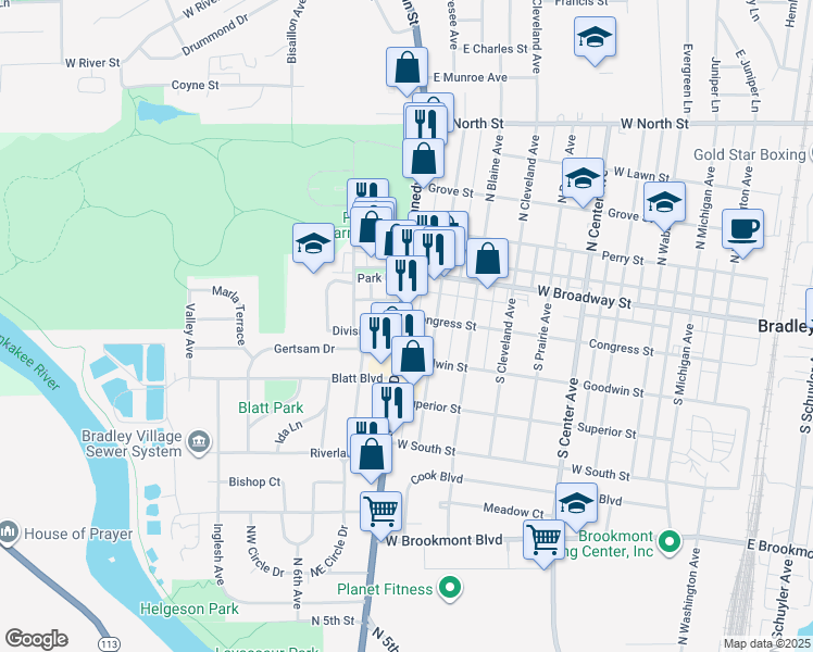 map of restaurants, bars, coffee shops, grocery stores, and more near 224 South Kennedy Drive in Bradley