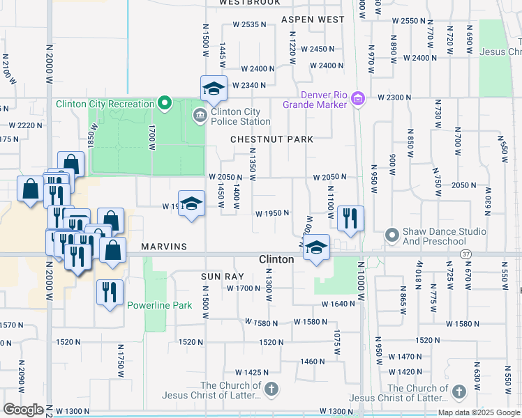 map of restaurants, bars, coffee shops, grocery stores, and more near 1322 West 1950 North in Clinton