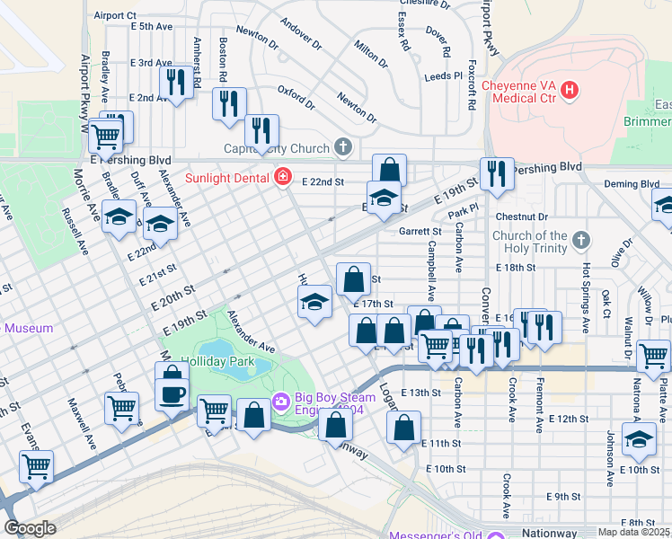 map of restaurants, bars, coffee shops, grocery stores, and more near 1809 Logan Avenue in Cheyenne