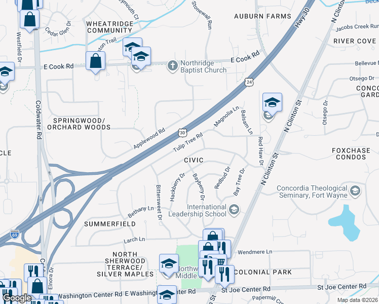 map of restaurants, bars, coffee shops, grocery stores, and more near 1319 Cinnamon Road in Fort Wayne
