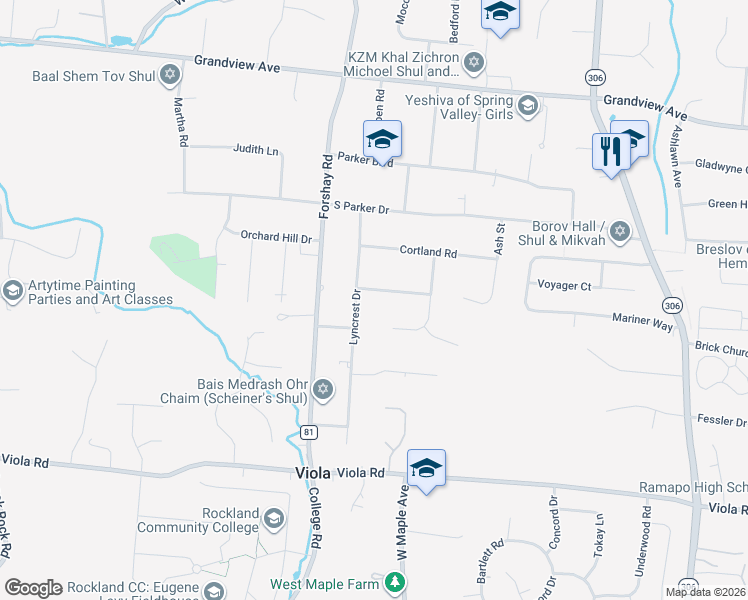 map of restaurants, bars, coffee shops, grocery stores, and more near 3 Macintosh Lane in Monsey