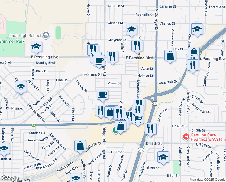 map of restaurants, bars, coffee shops, grocery stores, and more near 3418-3424 Frontier St in Cheyenne