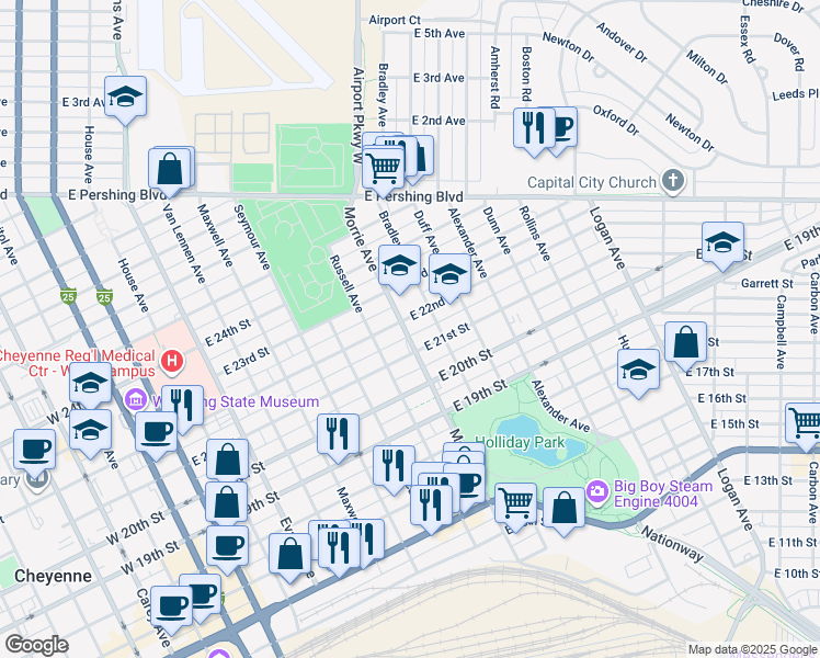 map of restaurants, bars, coffee shops, grocery stores, and more near 2110 Bradley Avenue in Cheyenne