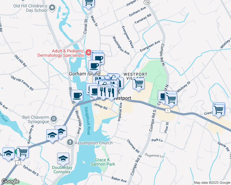 map of restaurants, bars, coffee shops, grocery stores, and more near 7 Sconset Square in Westport