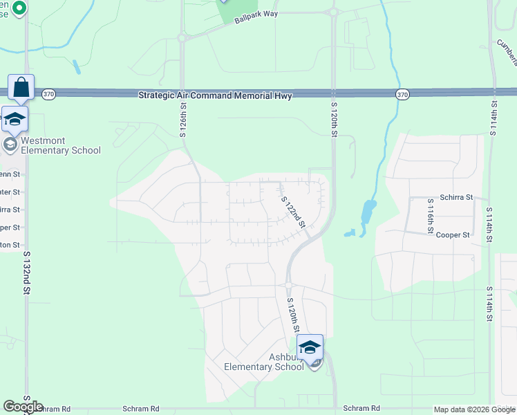 map of restaurants, bars, coffee shops, grocery stores, and more near 11427 South 123rd Avenue in Papillion