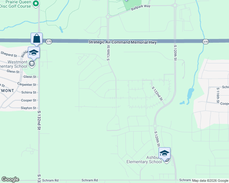 map of restaurants, bars, coffee shops, grocery stores, and more near 12610 Cooper Street in Papillion