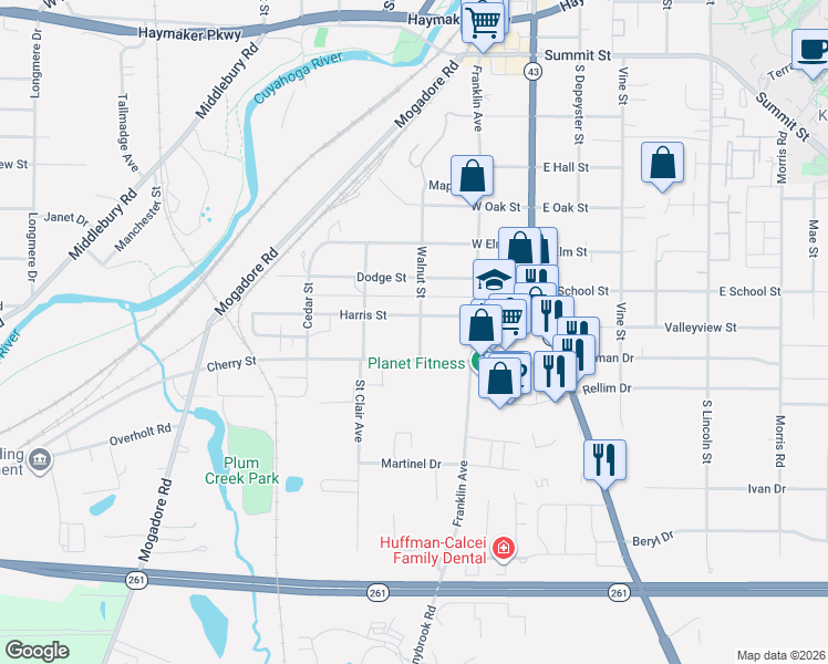 map of restaurants, bars, coffee shops, grocery stores, and more near 1302 Walnut Street in Kent