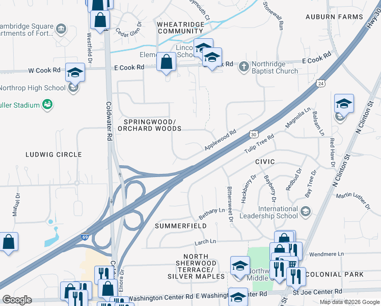 map of restaurants, bars, coffee shops, grocery stores, and more near 835 Applewood Rd in Fort Wayne