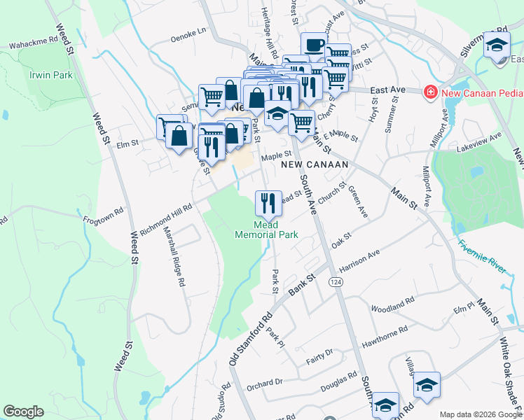 map of restaurants, bars, coffee shops, grocery stores, and more near 211 Park Street in New Canaan
