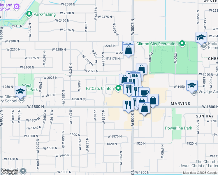 map of restaurants, bars, coffee shops, grocery stores, and more near 1900 North 2225 West in Clinton