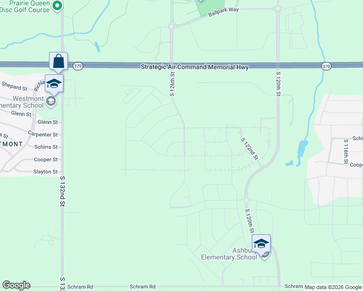 map of restaurants, bars, coffee shops, grocery stores, and more near 12610 Cooper Street in Papillion