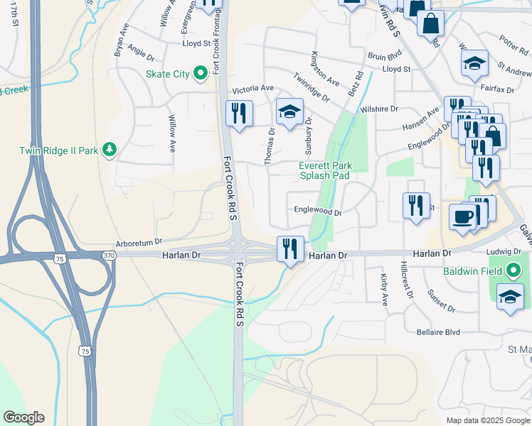 map of restaurants, bars, coffee shops, grocery stores, and more near 1702 Thomas Drive in Bellevue