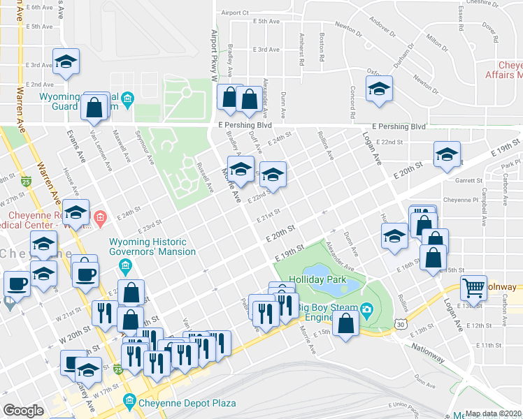 map of restaurants, bars, coffee shops, grocery stores, and more near 2110 Bradley Ave in Cheyenne