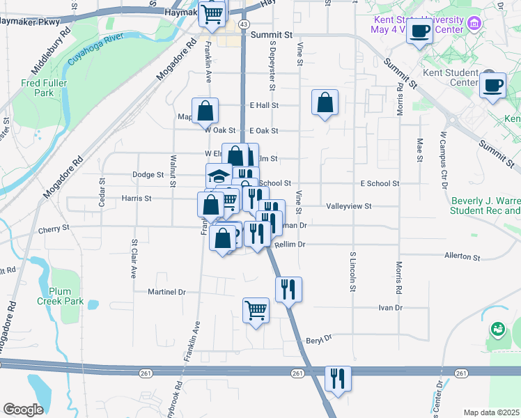 map of restaurants, bars, coffee shops, grocery stores, and more near 1317 South Water Street in Kent