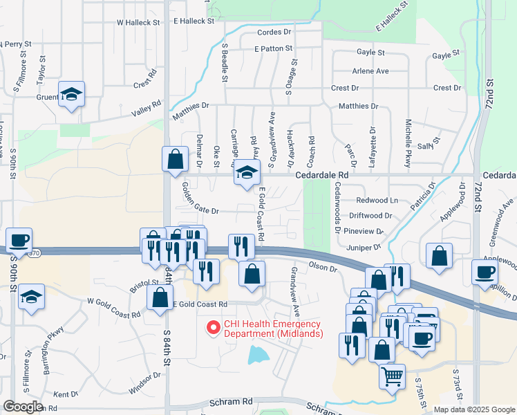 map of restaurants, bars, coffee shops, grocery stores, and more near 1234 East Gold Coast Road in Papillion