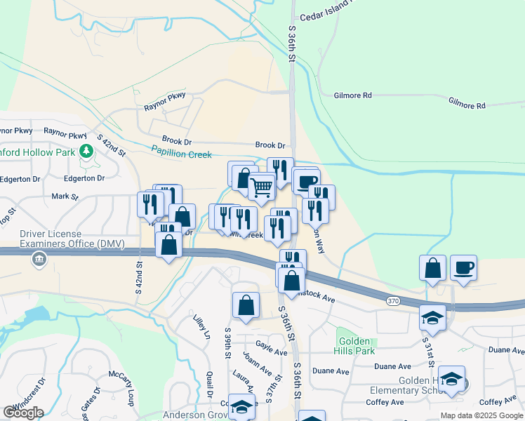 map of restaurants, bars, coffee shops, grocery stores, and more near 3614 Twin Creek Drive in Bellevue