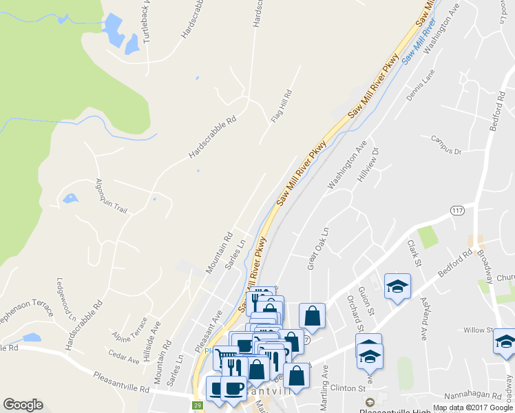 map of restaurants, bars, coffee shops, grocery stores, and more near 288 Sarles Lane in Pleasantville