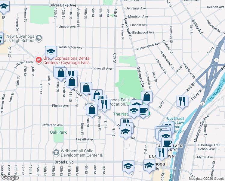 map of restaurants, bars, coffee shops, grocery stores, and more near 2506 6th St in Cuyahoga Falls