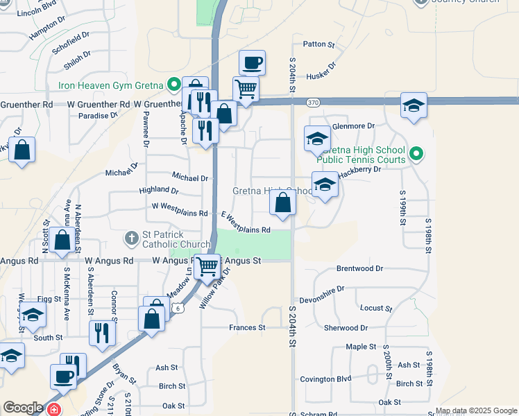 map of restaurants, bars, coffee shops, grocery stores, and more near 206 Acorn Circle in Gretna