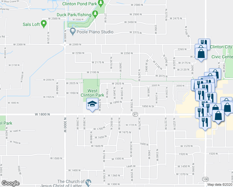 map of restaurants, bars, coffee shops, grocery stores, and more near 1934 North 2645 West in Clinton