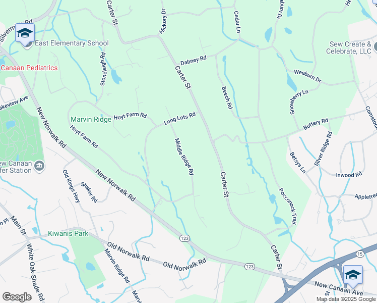map of restaurants, bars, coffee shops, grocery stores, and more near 66 Middle Ridge Road in New Canaan