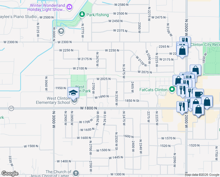 map of restaurants, bars, coffee shops, grocery stores, and more near 2341 West 1950 North in Clinton