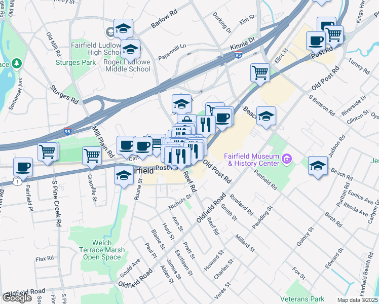 map of restaurants, bars, coffee shops, grocery stores, and more near 43 Unquowa Road in Fairfield