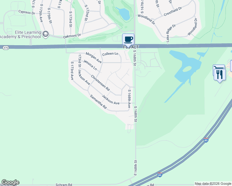 map of restaurants, bars, coffee shops, grocery stores, and more near 16912 Christensen Road in Gretna