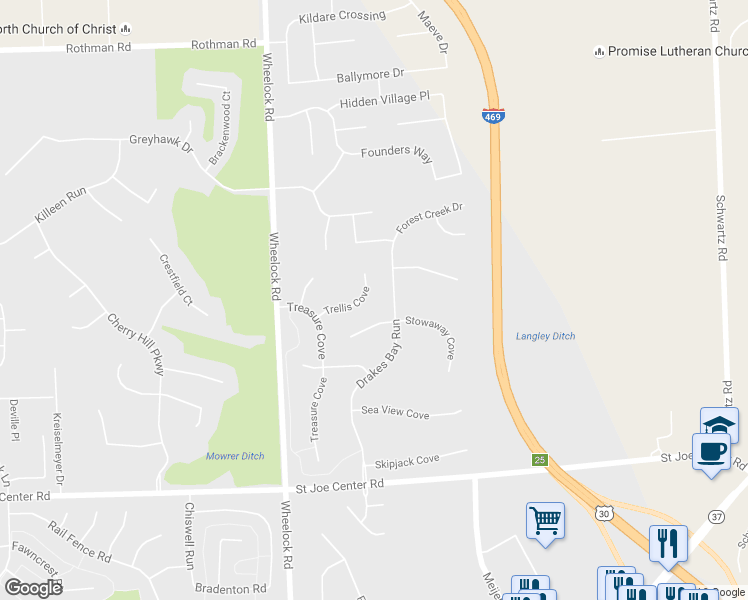 map of restaurants, bars, coffee shops, grocery stores, and more near 9524 Trellis Cove in Fort Wayne