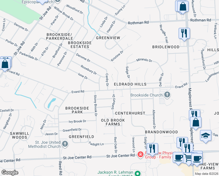map of restaurants, bars, coffee shops, grocery stores, and more near 6604 Canby Drive in Fort Wayne