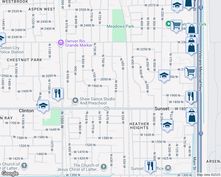 map of restaurants, bars, coffee shops, grocery stores, and more near 1934 North 660 West in Clinton