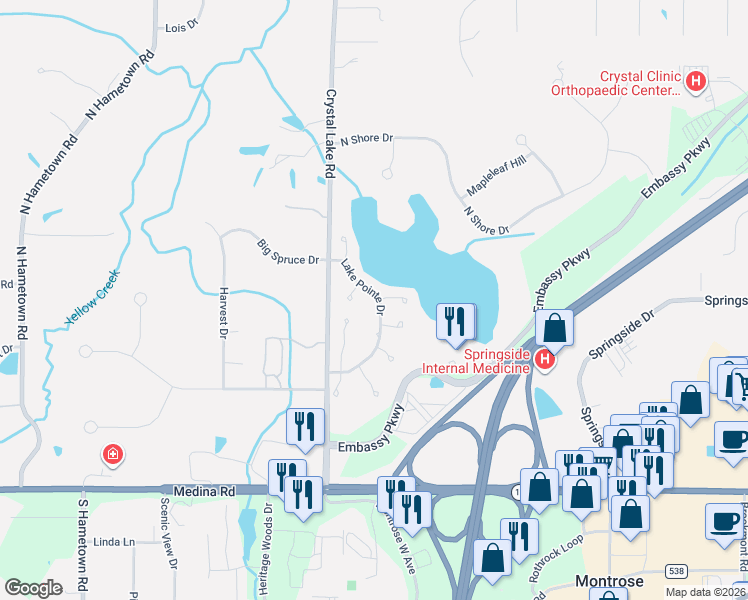 map of restaurants, bars, coffee shops, grocery stores, and more near 274 Lake Pointe Drive in Akron
