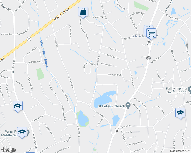 map of restaurants, bars, coffee shops, grocery stores, and more near 33 Toilsome Avenue in Norwalk